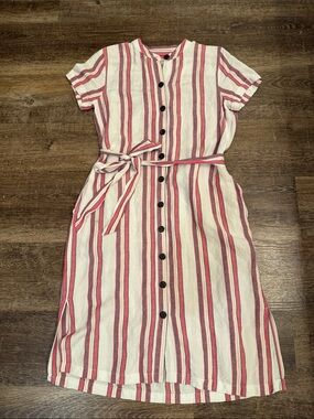 LOFT Pink and White Striped Midi Button-Front Dress